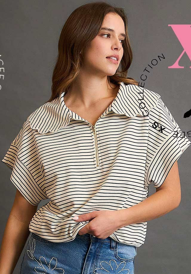 Striped Zip-Up Collared Top