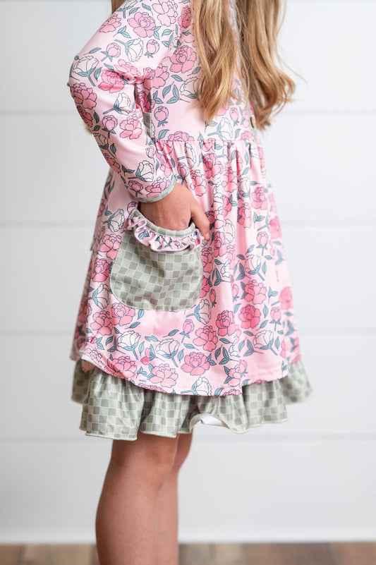 Girls Rose Floral & Sage Check Ruffle Pocket Tie Dress