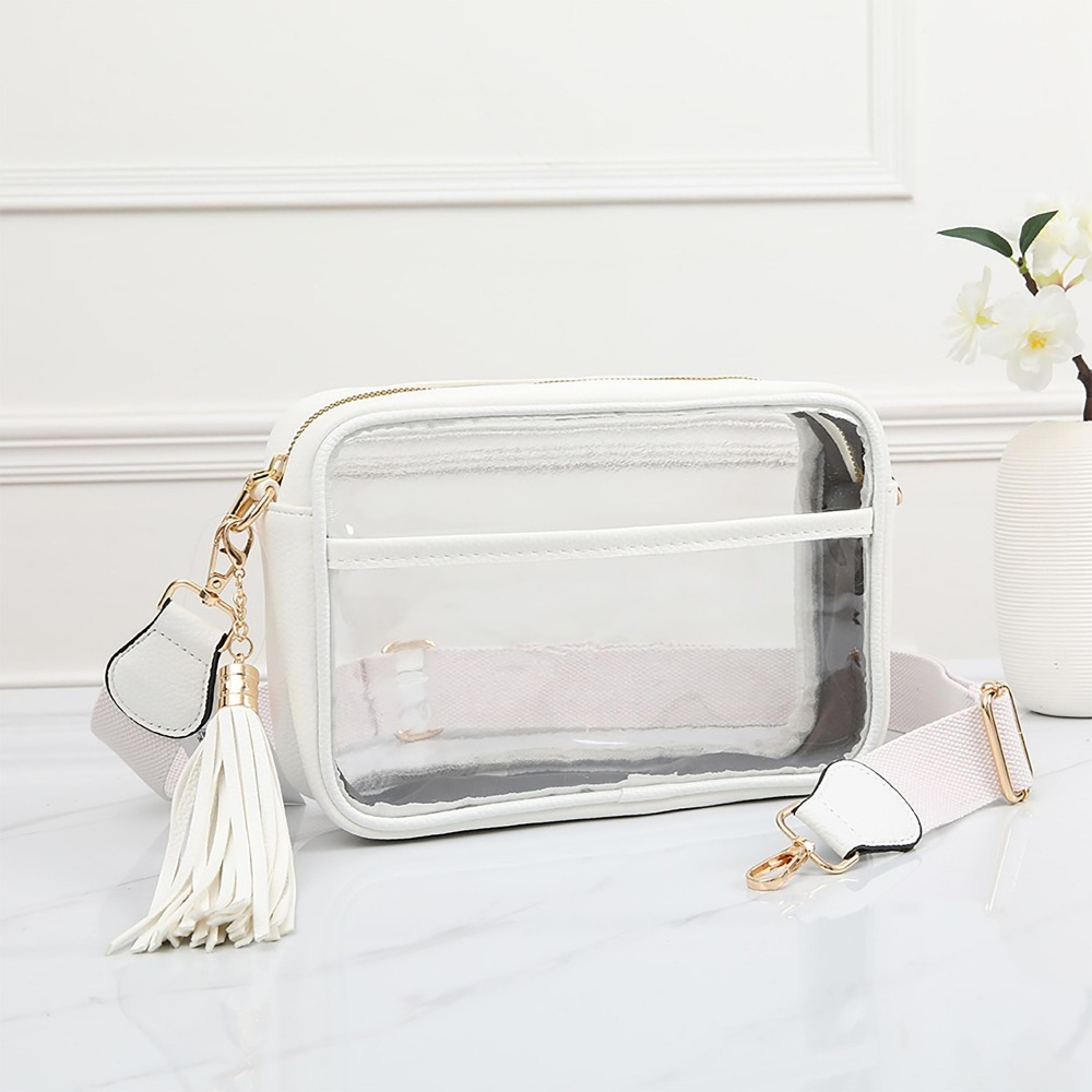 Clear PU Cross Body Bag With Leather Walls and Trim Featuring Detachable Leather Tassel