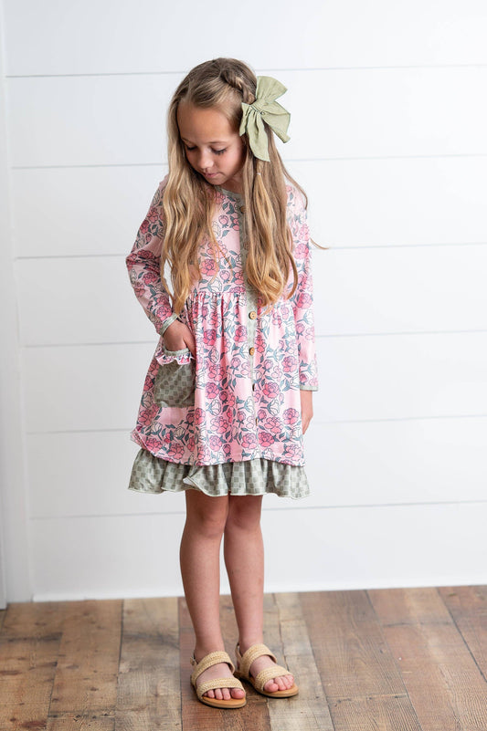 Girls Rose Floral & Sage Check Ruffle Pocket Tie Dress