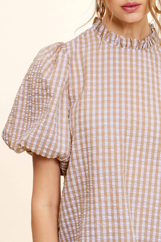 Gingham Check Print Puff Short Sleeve Top Fall