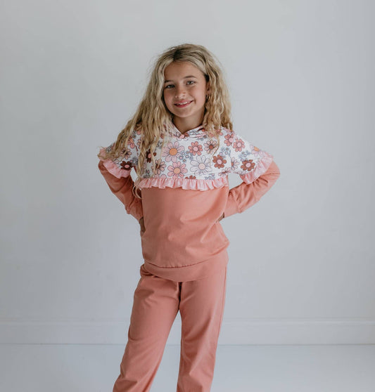 Girls Desert Tan Retro Flower Ruffle Hoodie Loungewear Set