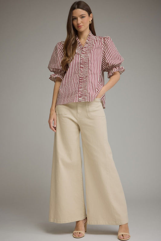 Stripe ¾ puff sleeve top featuring smocked ruffle