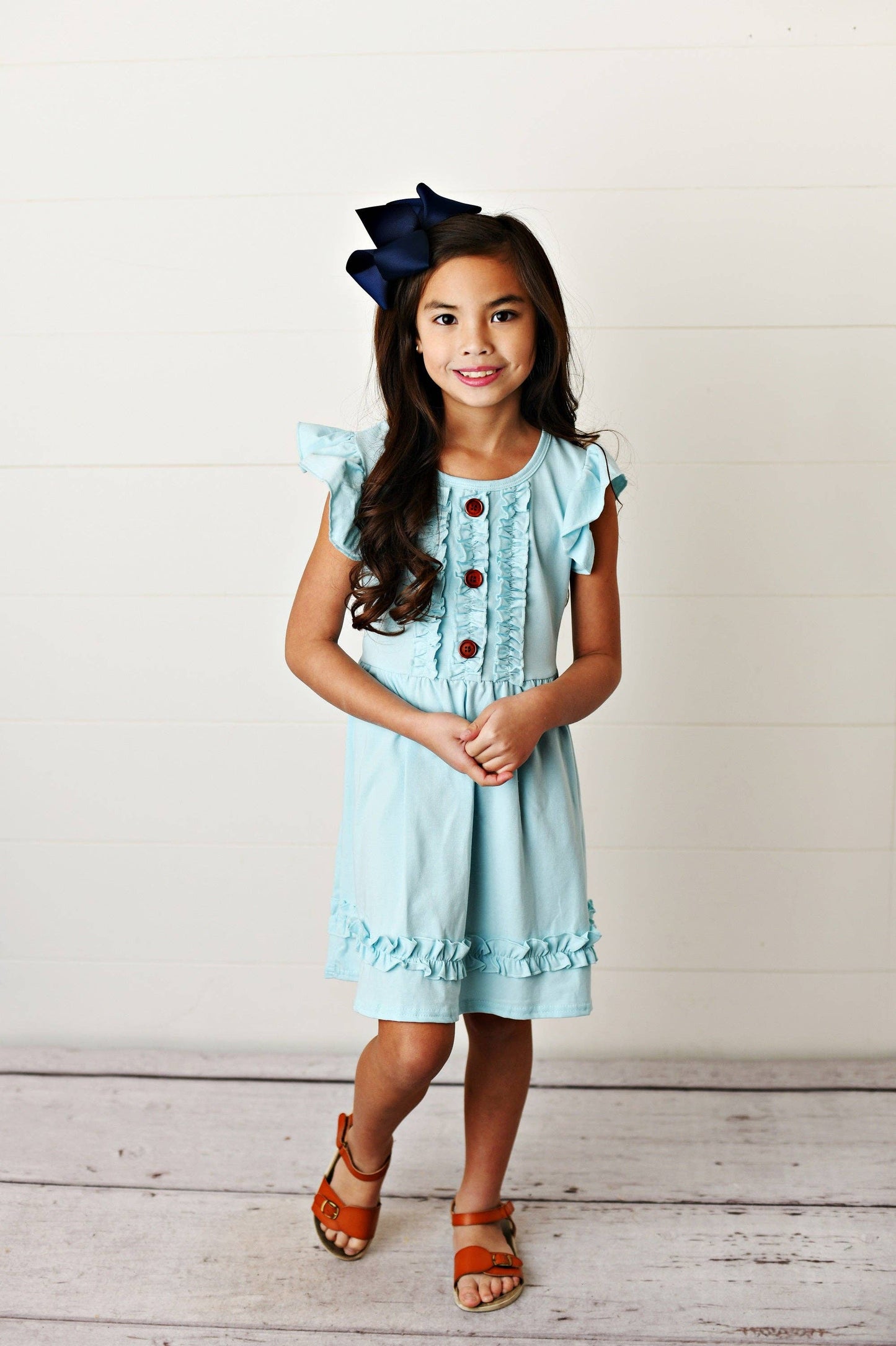 Kids Pastel Blue Ruffle Button Spring Summer Dress