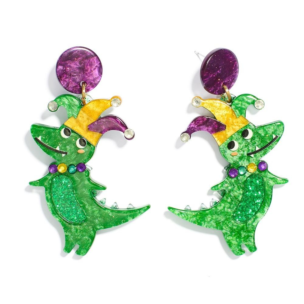 Glitter Acetate Mardi Gras Dinosaur Post Drop Earrings