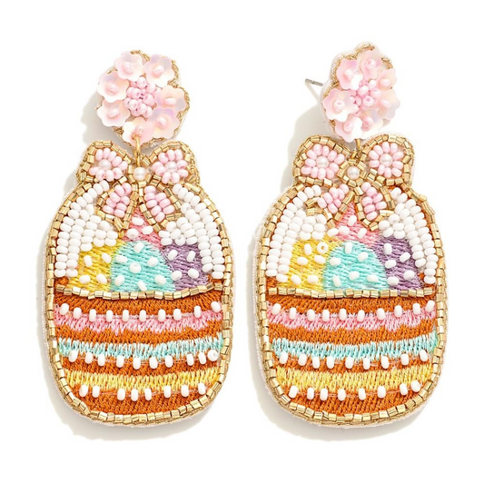 Embroidered Easter Basket Drop Earrings With Seed Bead & Sequin