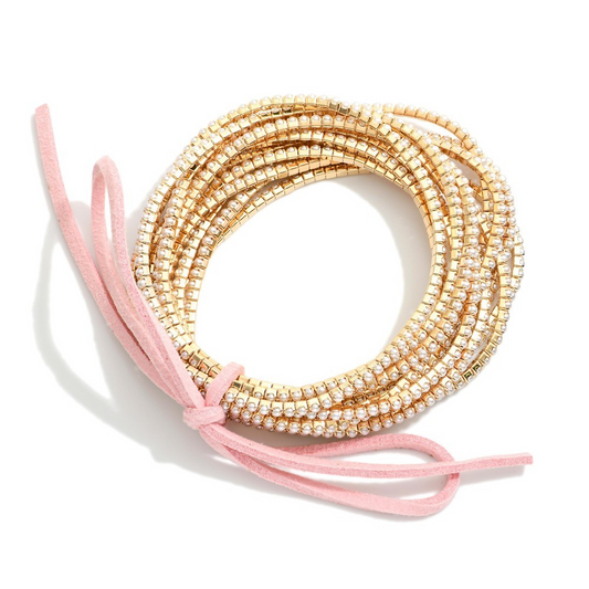 Set Of 12 Rhinestone Beaded Stretch Bracelets With Vegan Leather Bow Detail