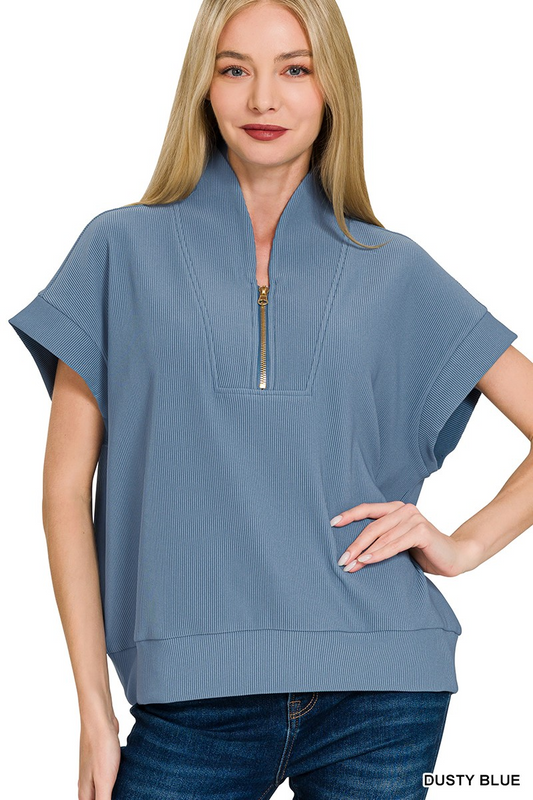Ribbed high neck half zip top
