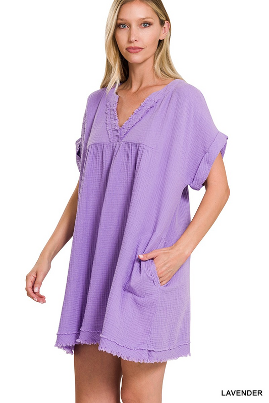 Double gauze raw edge v-neck dress