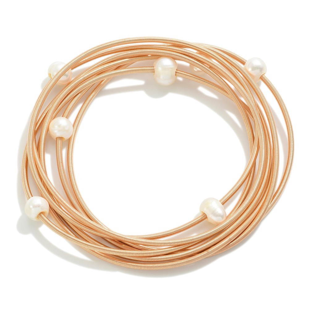 Set of Six Guitar String Stretch Bracelets With Pearl Details