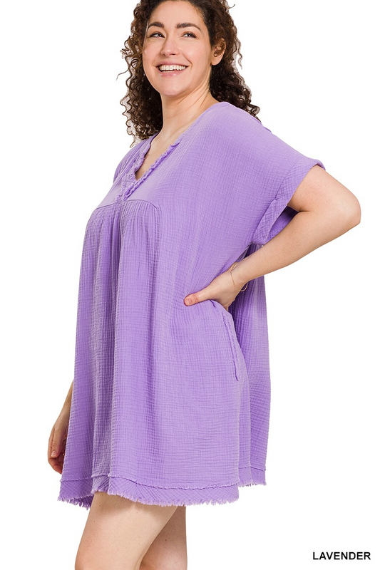 Double gauze raw edge v-neck dress