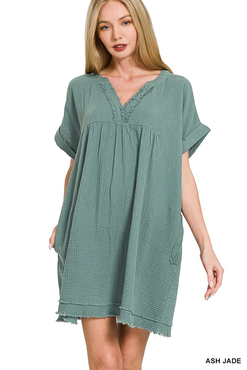 Double gauze raw edge v-neck dress