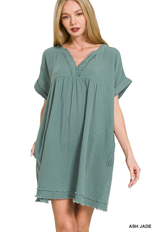 Double gauze raw edge v-neck dress