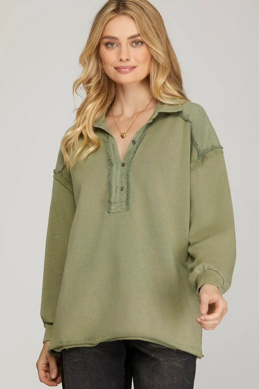 LONG SLEEVE COLLARED MINERAL WASHED CONTRAST DETAIL KNIT TOP