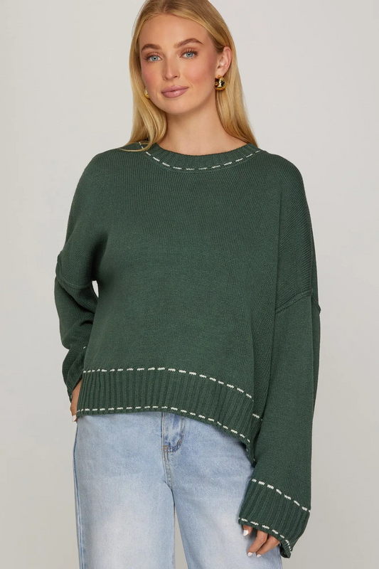 LONG SLEEVE SWEATER TOP WITH CONTRAST STITCH DETAIL