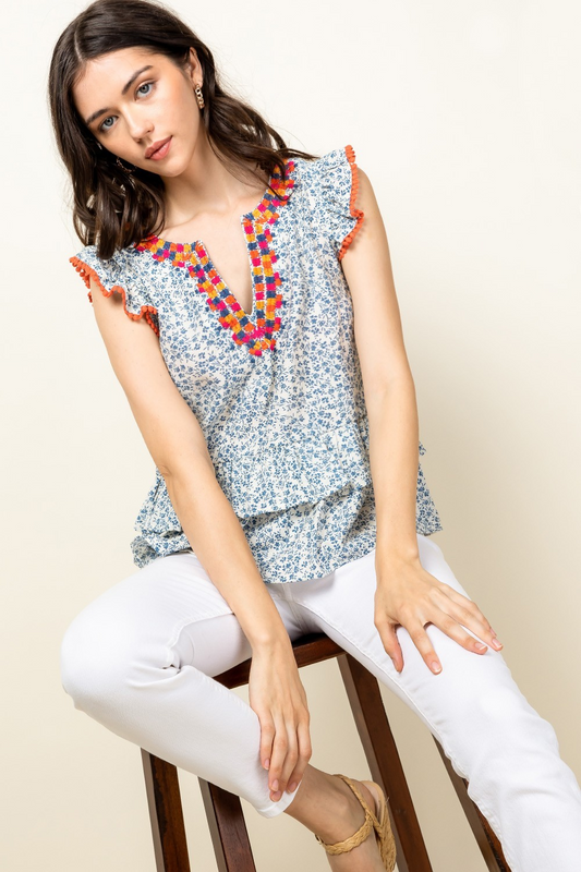 Print Embroidered Top With Ruffle Sleeves