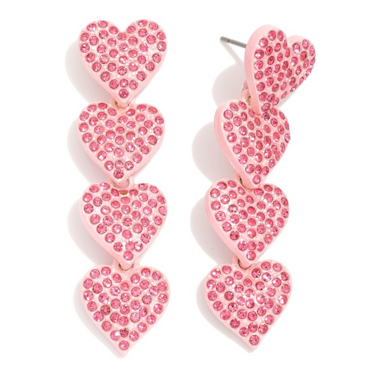 Linked Painted Metal Pave Rhinestone Hearts Post Drop Earrings
