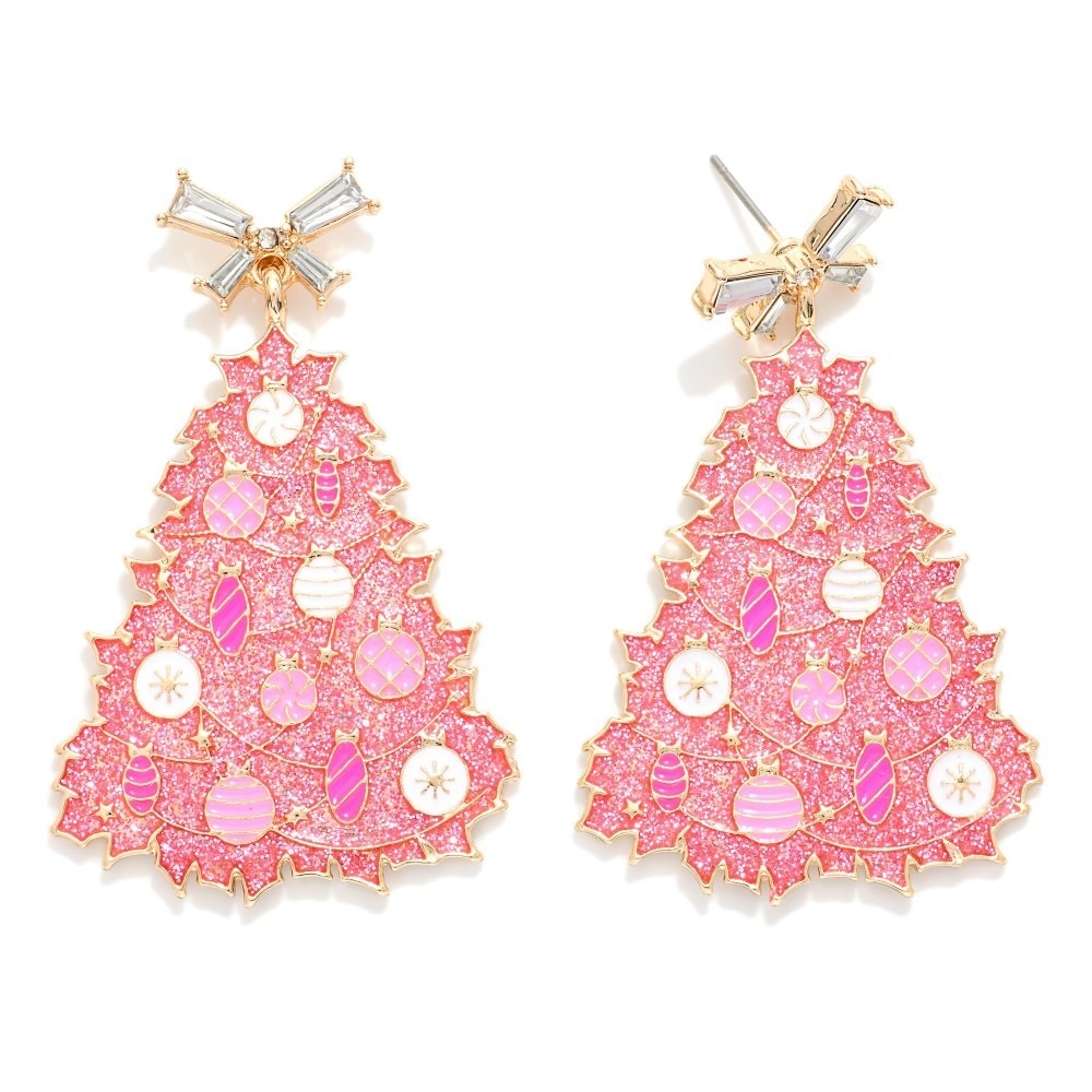 Enamel Christmas Tree Earrings With Rhinestone Studded Bow Post Drop Featuring Glitter And Ornament Details