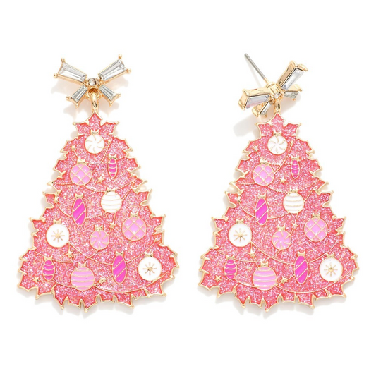 Enamel Christmas Tree Earrings With Rhinestone Studded Bow Post Drop Featuring Glitter And Ornament Details