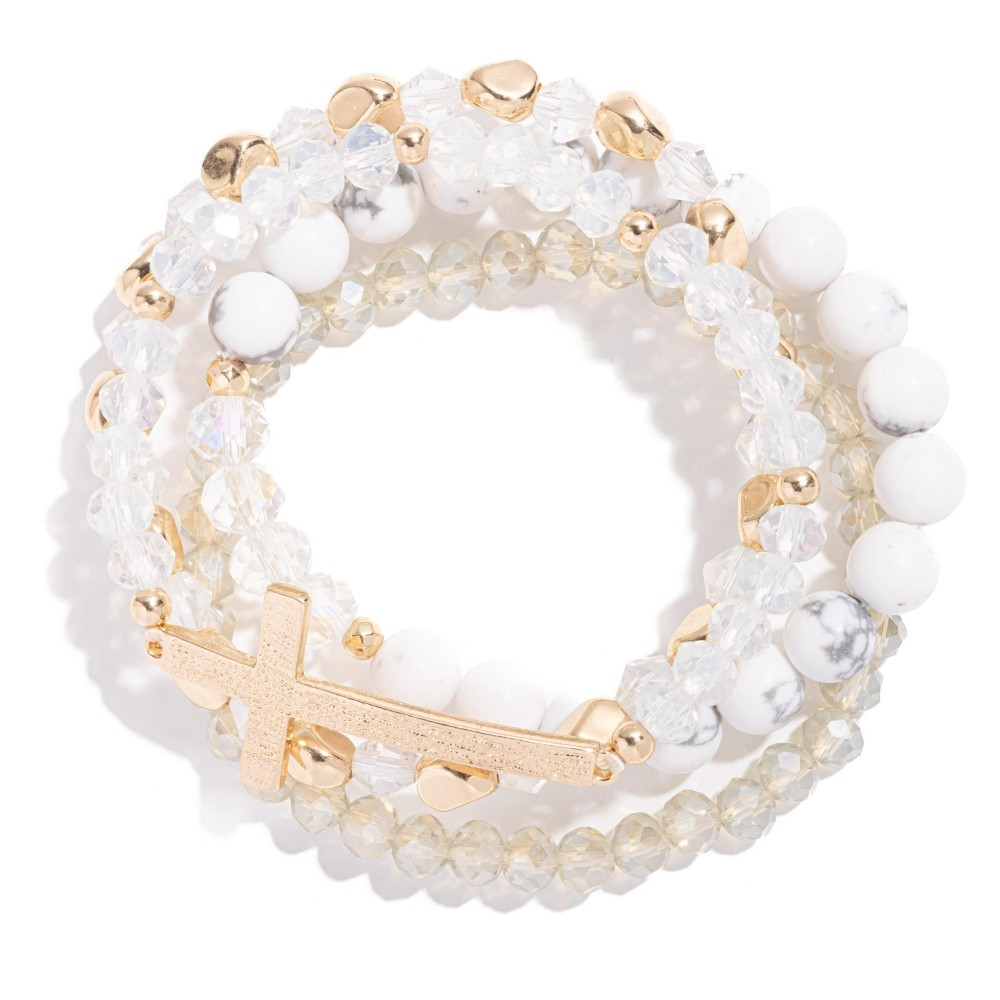 Set Of Four Beaded Stretch Bracelets Featuring Stone Beads & Metal Tone East West Cross