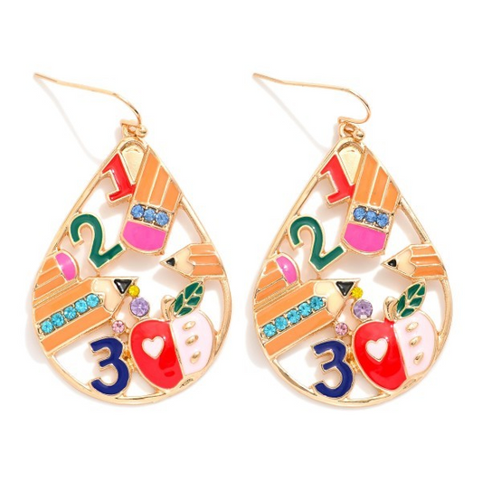 Enamel Apple & Pencil Teardrop Drop Earrings Featuring Rhinestone
