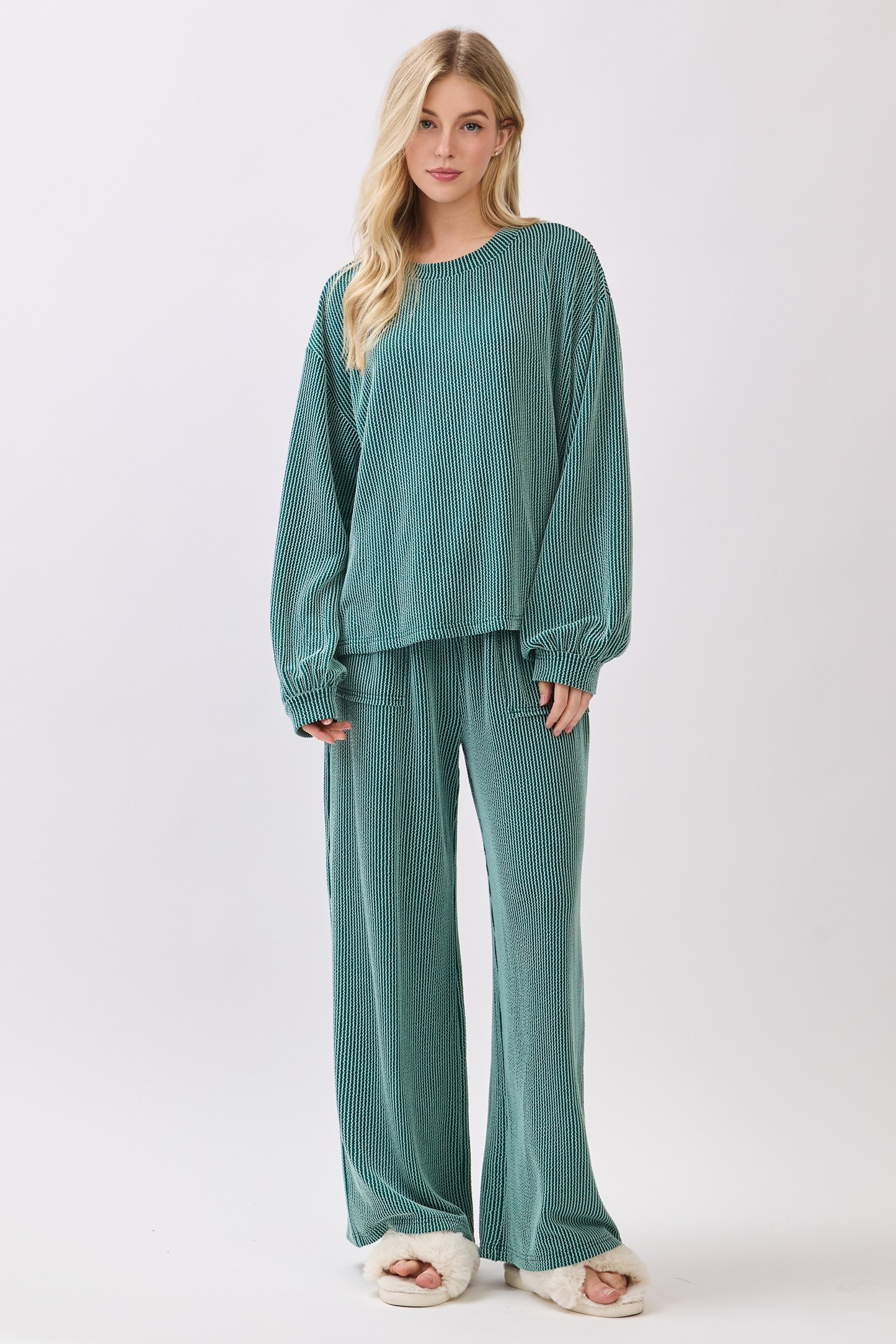 Ribbed Knit Top And Wide Leg Pants Set