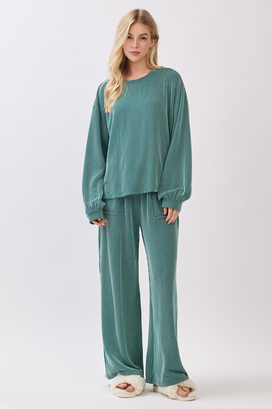 Ribbed Knit Top And Wide Leg Pants Set