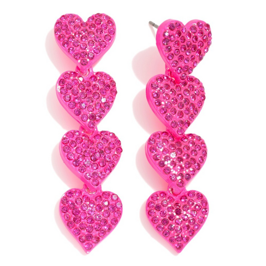 Linked Painted Metal Pave Rhinestone Hearts Post Drop Earrings