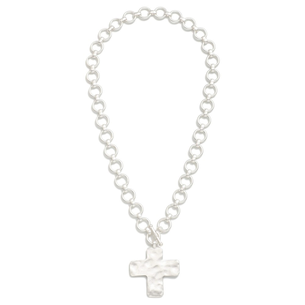 Metal Tone Circle Link Necklace Featuring Cross Pendent