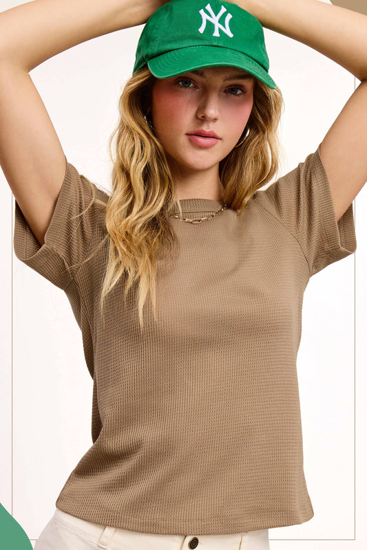 HCT7702-Soft Waffle Knit Slim Fitted Short Sleeve Top