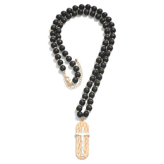 Wood Beaded Necklace With Hammered Cross Pendant
