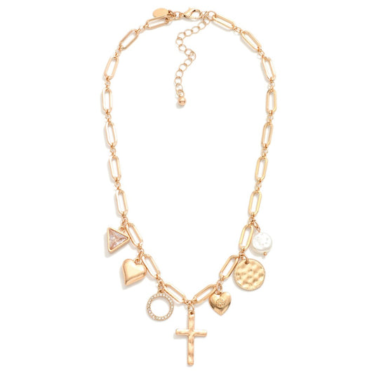Paperclip Chain Link Charm Necklace Featuring Metal Tone, Rhinestones & Pearls