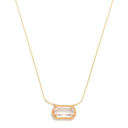 Chain Link Necklace Featuring Rectangular Glass Crystal Pendant