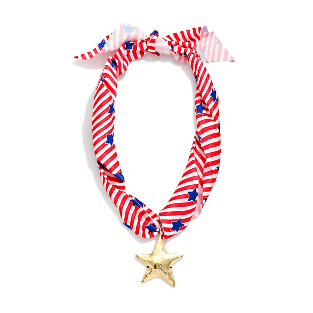 Americana Scarf Necklace With Hammered Metal Star Pendant