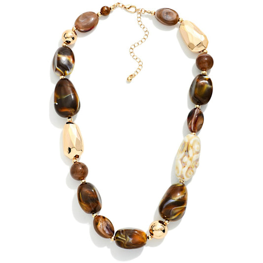 Chunky Beaded Necklace Featuring Faceted Metal Tones & Marbled Acetate Beads