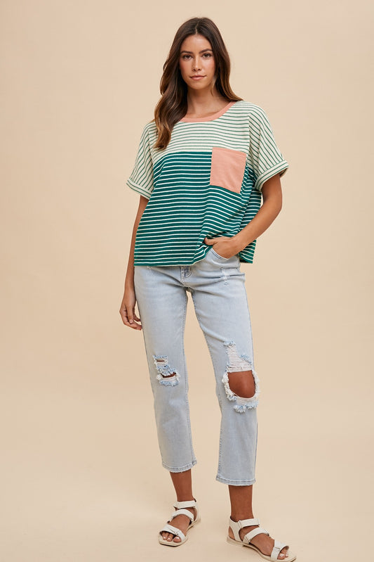 Color Block Striped Terry Loose Fit Top