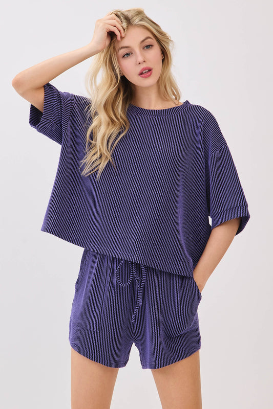 Ribbed Round Neck Top And Shorts Set