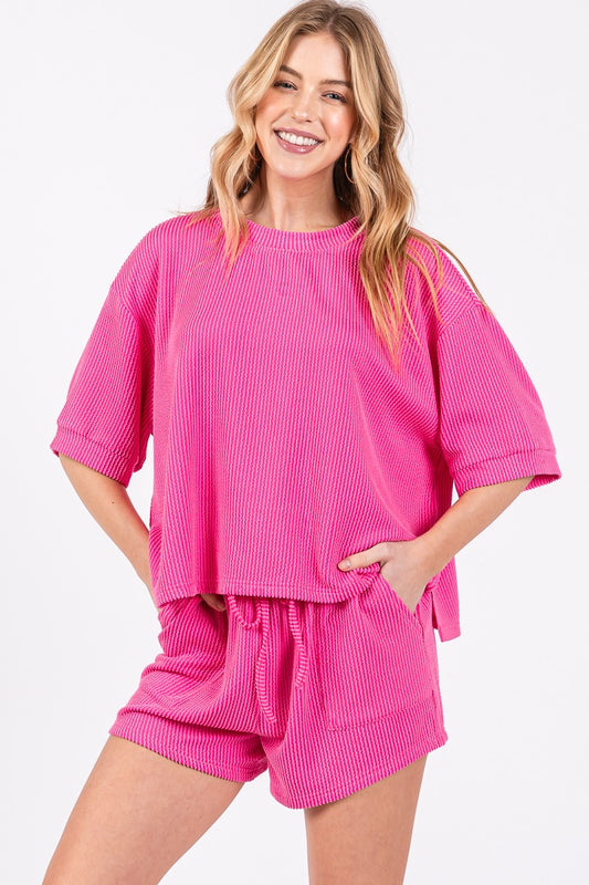 Ribbed Round Neck Top And Shorts Set