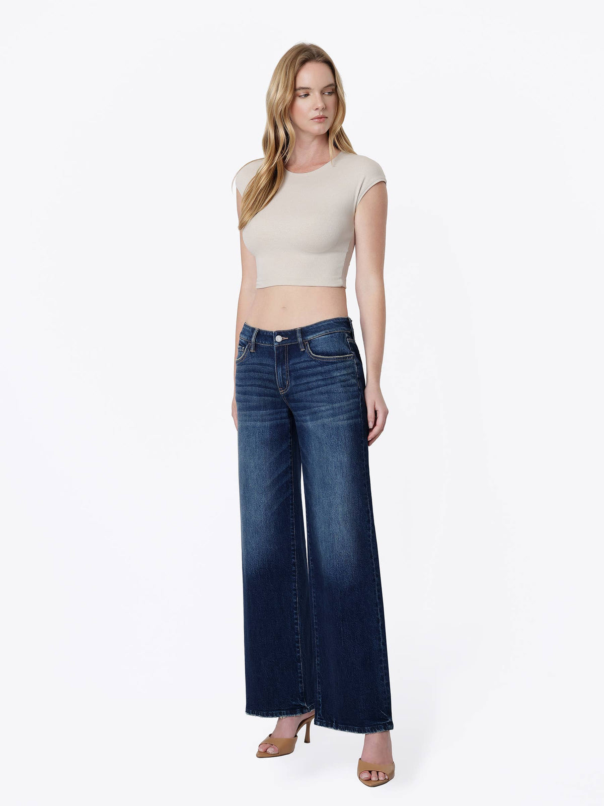 LOW RISE CINCH WAIST DARK WASH TINTED WIDE JEANS