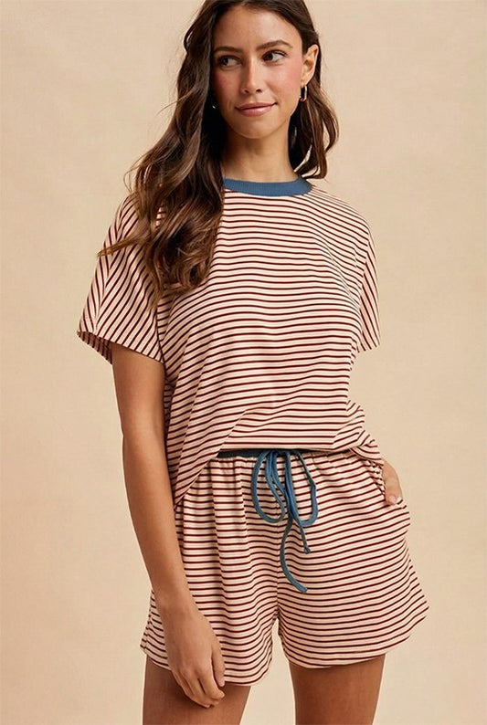Loose Fit Striped Knit Top & Mini Shorts Set