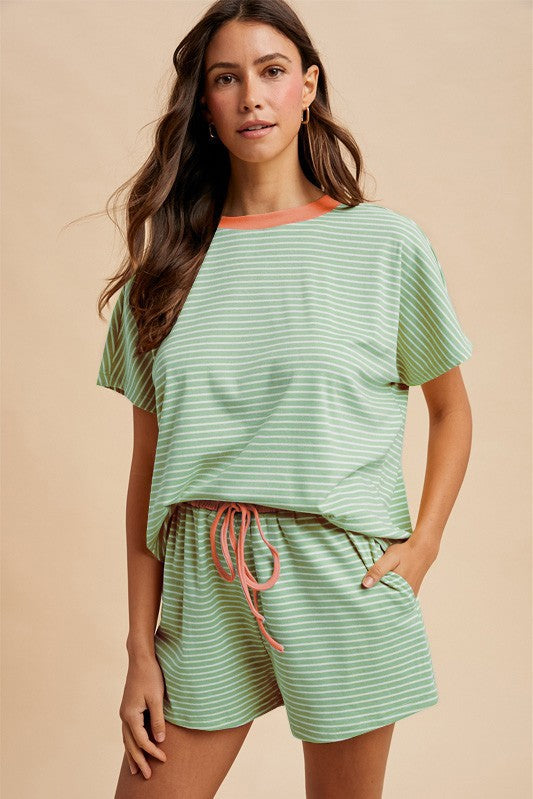 Loose Fit Striped Knit Top & Mini Shorts Set