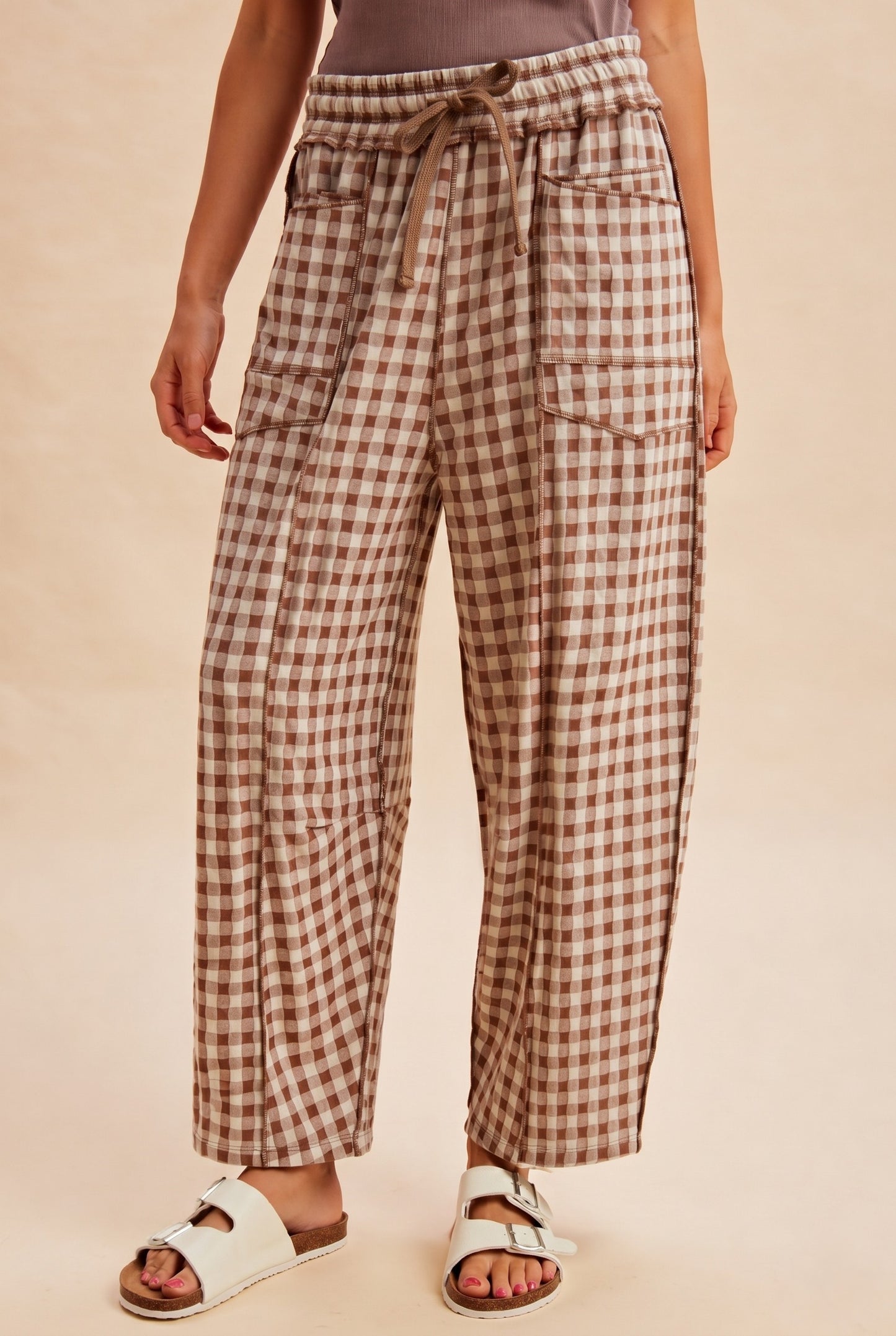 Soft Brushed Check Barrel Pants