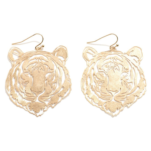 Gold Tone Laser Cut Tiger Drop Earring