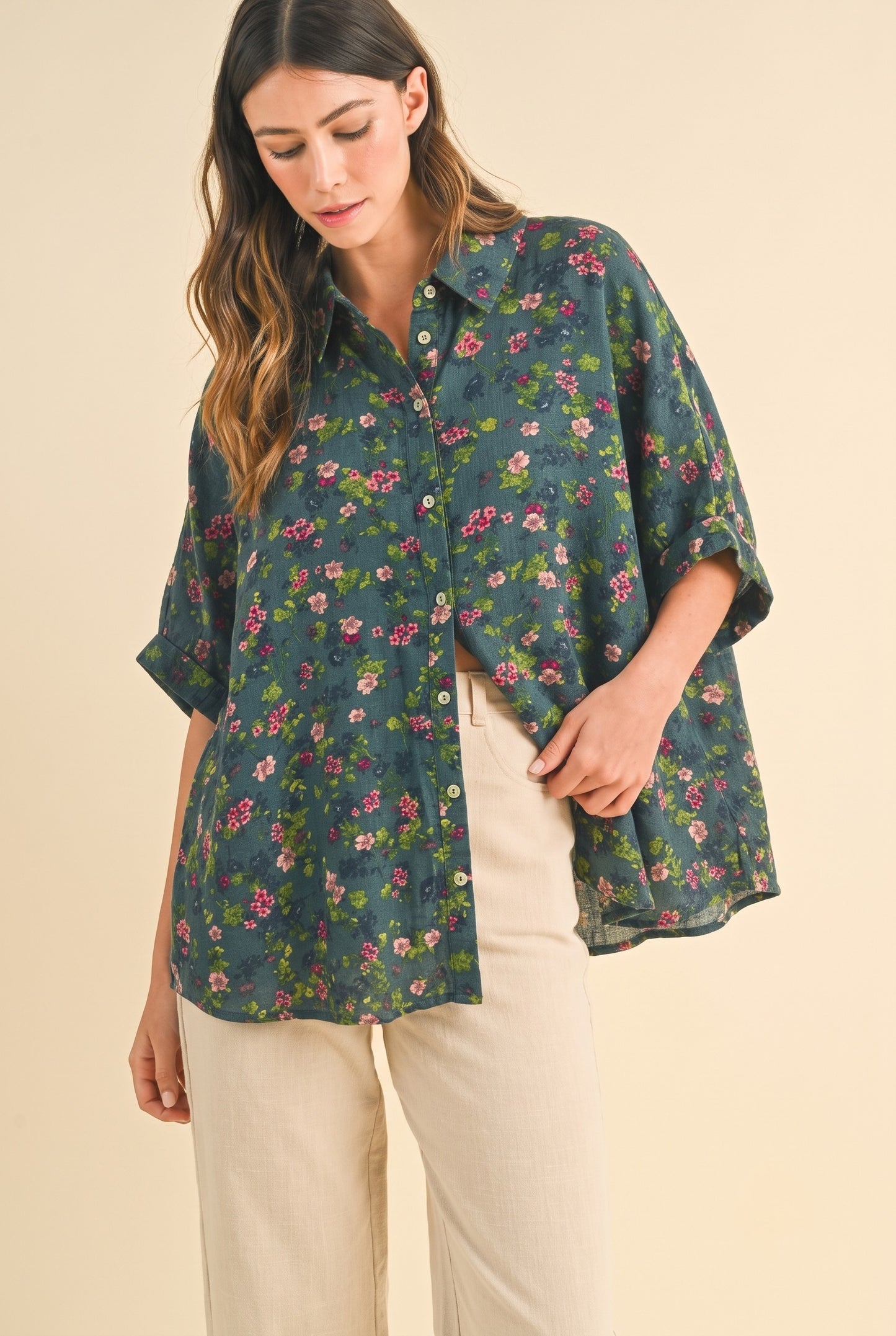 Oversized Floral Print Button Down Soft Brushed Woven Blouse