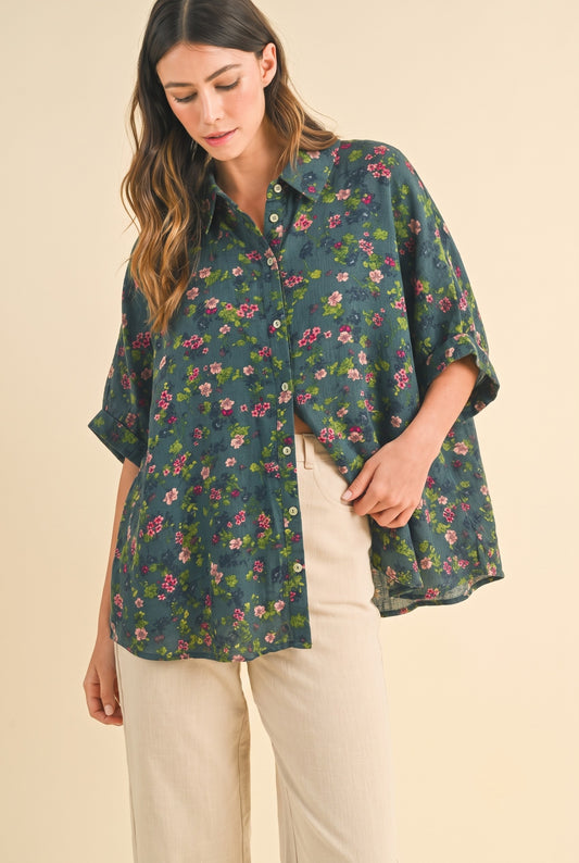 Oversized Floral Print Button Down Soft Brushed Woven Blouse