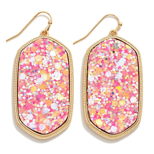 Long Glitter Hexagon Drop Earrings