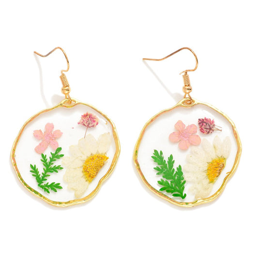Circular Resin Drop Earrings Featuring Flower Details