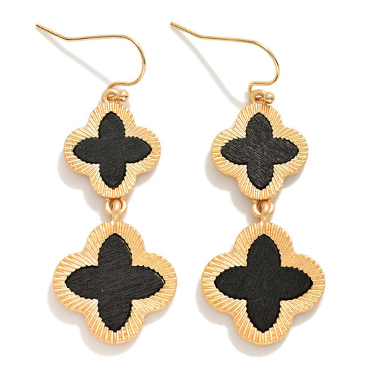 Linked Wood Clovers Drop Earrings Featuring Gold Tone Border