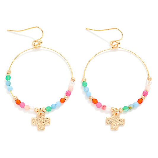 Beaded Hoop Drop Earrings Featuring Hammered Metal Plus Cross Detail