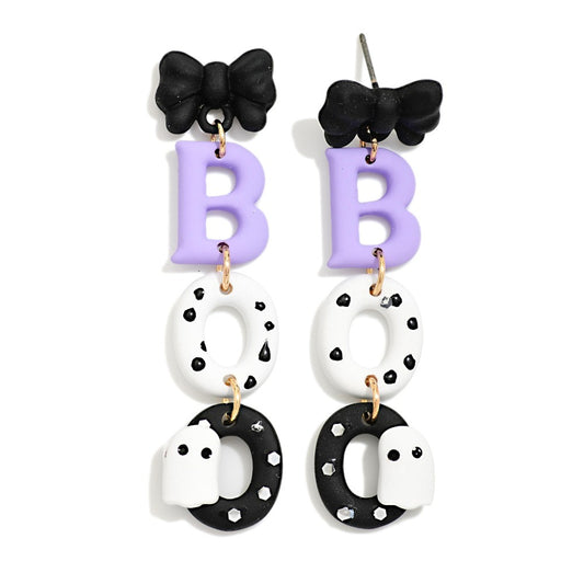 Polymer Clay Linked "BOO" & Bow Ghost Drop Earrings